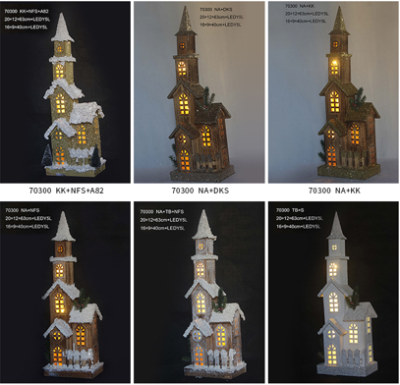 70300,wooden church house with LED, 6 colors available. color code: 186C+S+NFS; NA+DKS; NA+KK; NA+NFS; NA+TB+NFS;TB+S