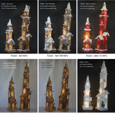 70283,wooden church house with LED, 6 colors available. color code: 186C+S+NFS; NA+DKS; NA+KK; NA+NFS; NA+TB+NFS;TB+S  12*12*53CM+LEDY5L